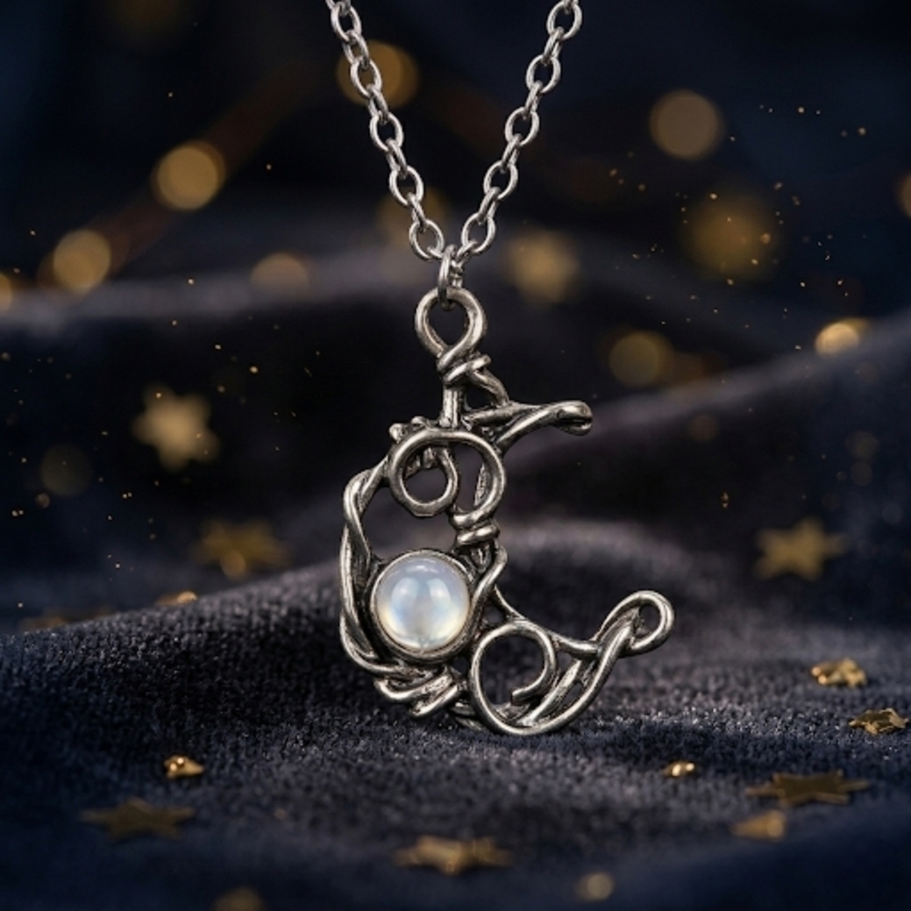 Silver Plated Wire Wrap Crescent Moon Crystal Pendant Necklace Whimsigoth Gift